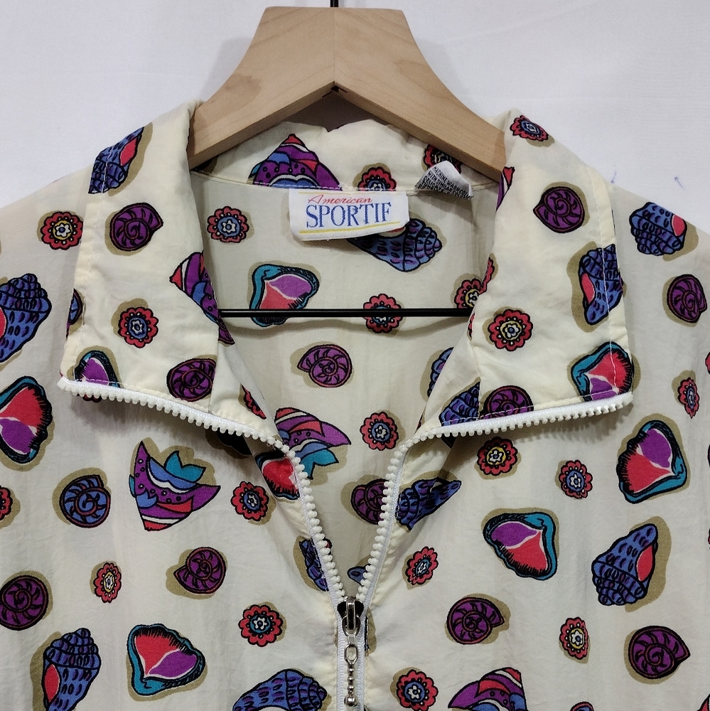 Vintage American Sportif Seashell Windbreaker Women's M Cream Colorful 80s Retro - Picture 2 of 8